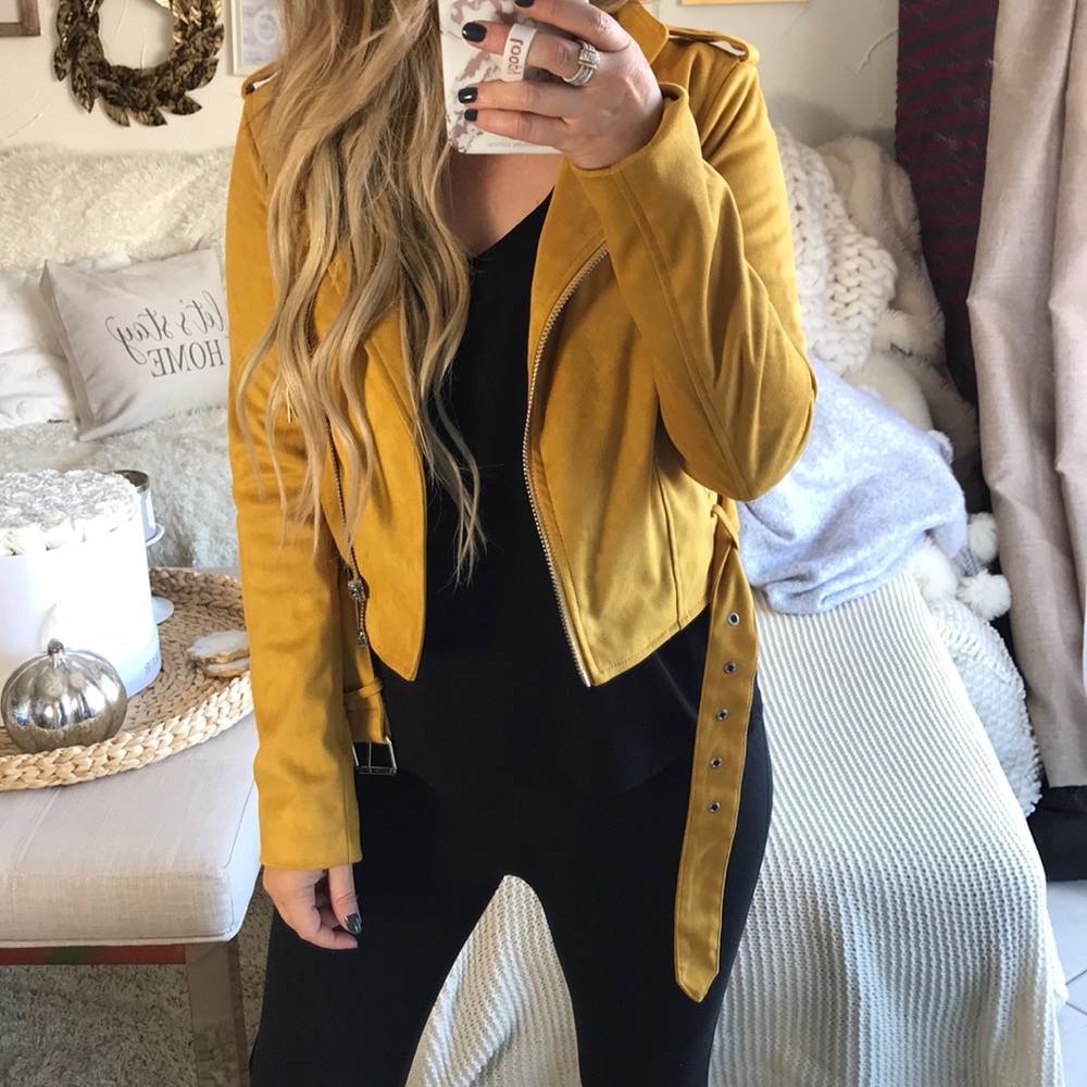 Yellow faux suede moto jacket
